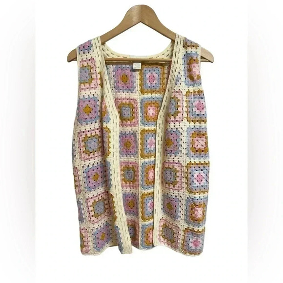 House of Harlow 1960 OS Knitted Crocheted Pastel Coastal Granny Square Vest - Picture 1 of 6